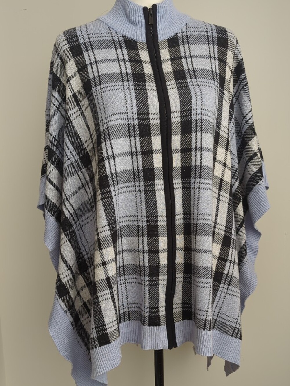 Jones New York Blue Overaized Plaid Full-Zip Mock Neck Poncho Cape XL
